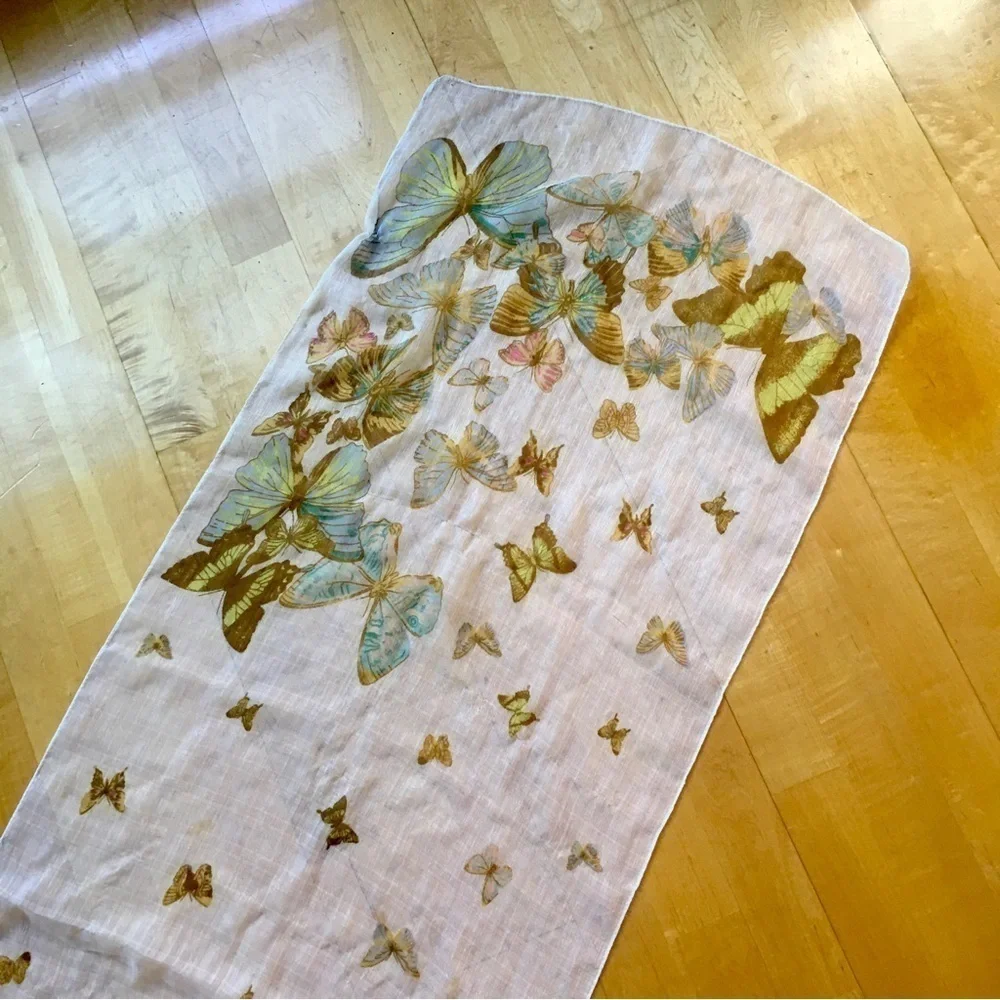 Butterfly Print Sheer, Lightweight Scarf, Ivory, Cream, Ecru, Colorful